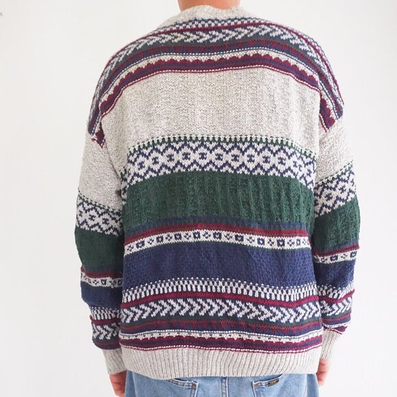 VTG CJ Cotton Navy Green 3D Biggie Cottagecore Eclectic Crewneck Knit Sweater XL - Picture 3 of 9